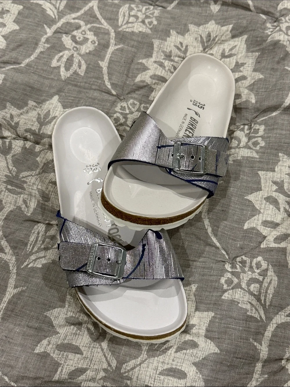 Birkenstock Women’s Metallic Silver Single-Band Slide Sandals
